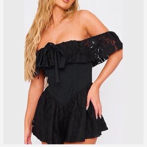 Lace floaty off shoulder corset romper